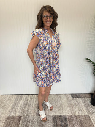 Orange and Blue Floral Pintuck Ruffle Sleeve Dress