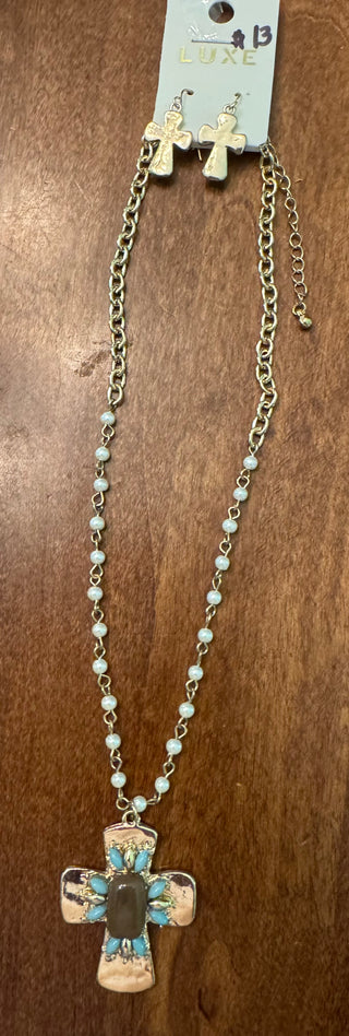 Gold Turquoise Pearl Necklace/Cross Earring Set