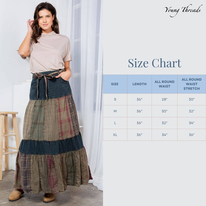 Cherokee Western Delight: Long Denim Tiered Skirt With Patch: Gravel by young Threads