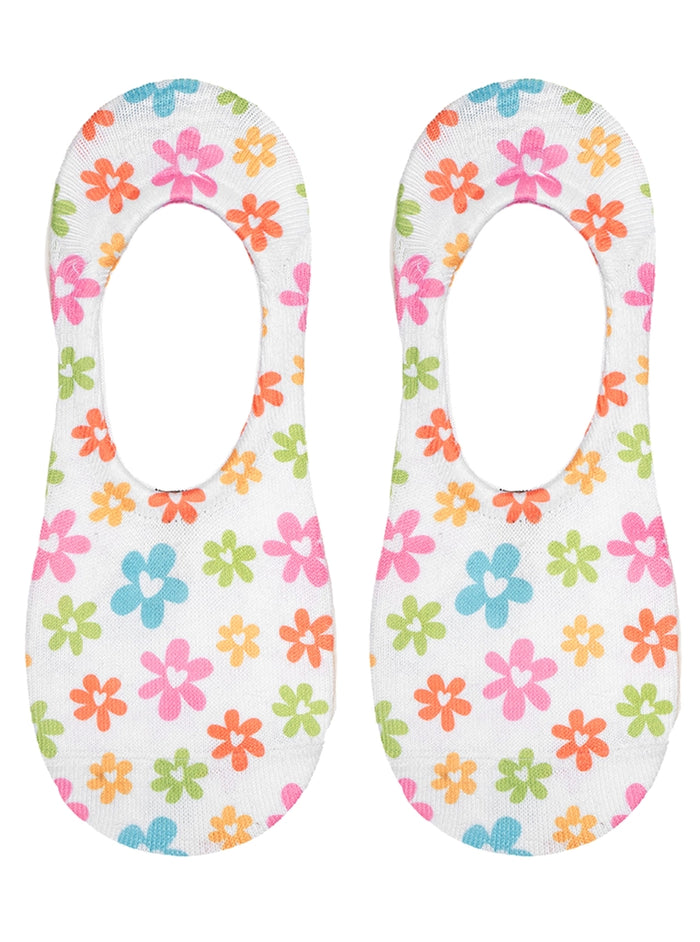 No-Show Liner Socks - Multi-Colored Flowers W/Hearts - White