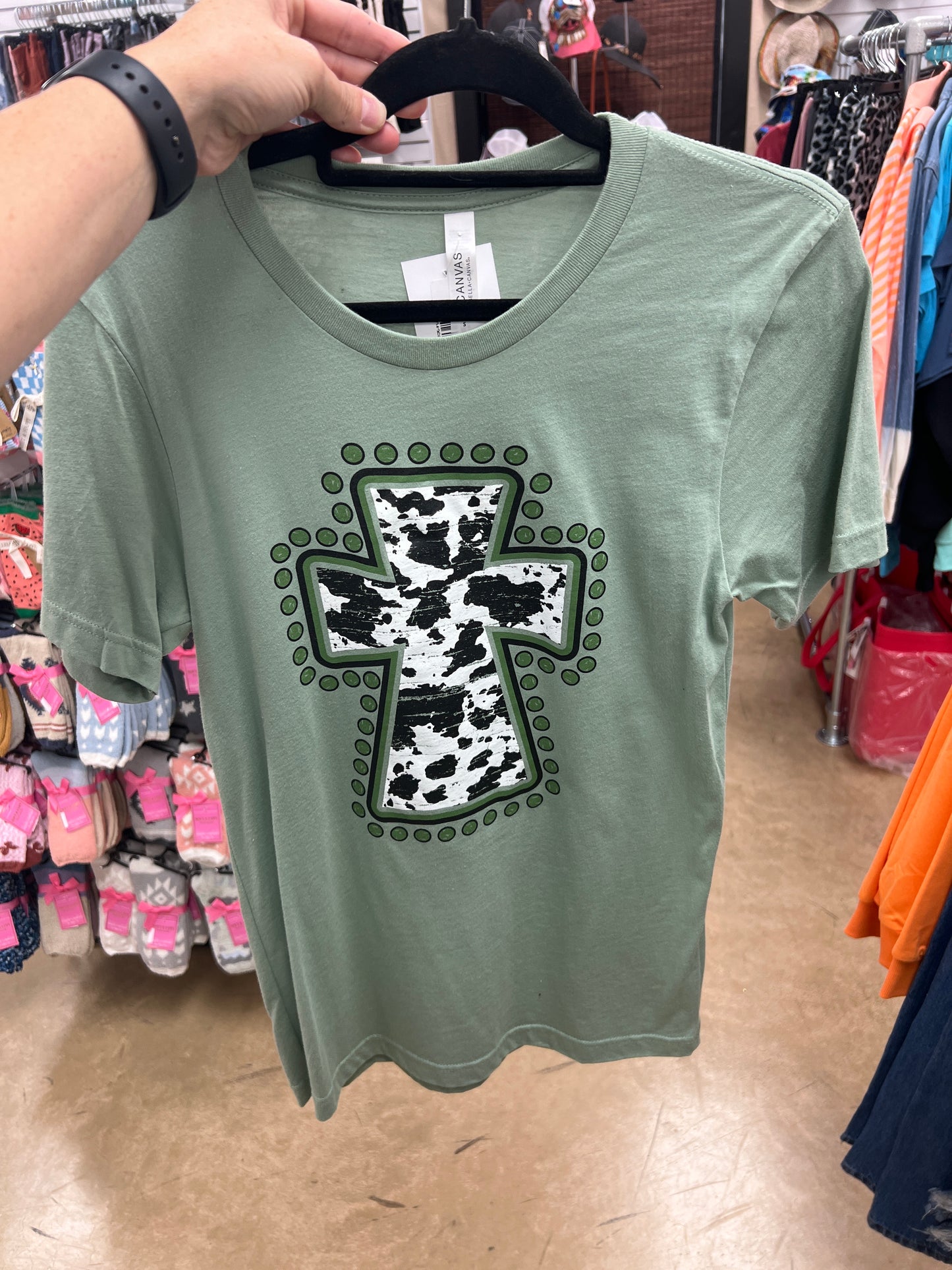 2251- Green w/ Cow Print Cross Short Sleeve Graphic Tee