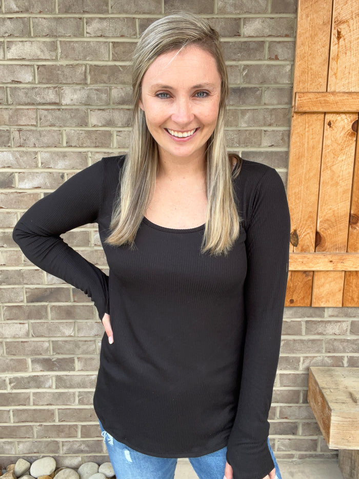 2694- Black Ribbed Long Sleeve Top w/ Thumb Hole