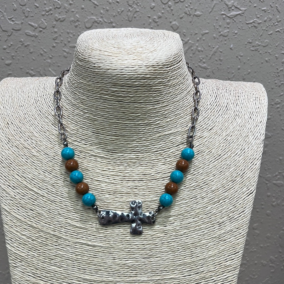 508- Turquoise & Brown Beaded Cross Necklace