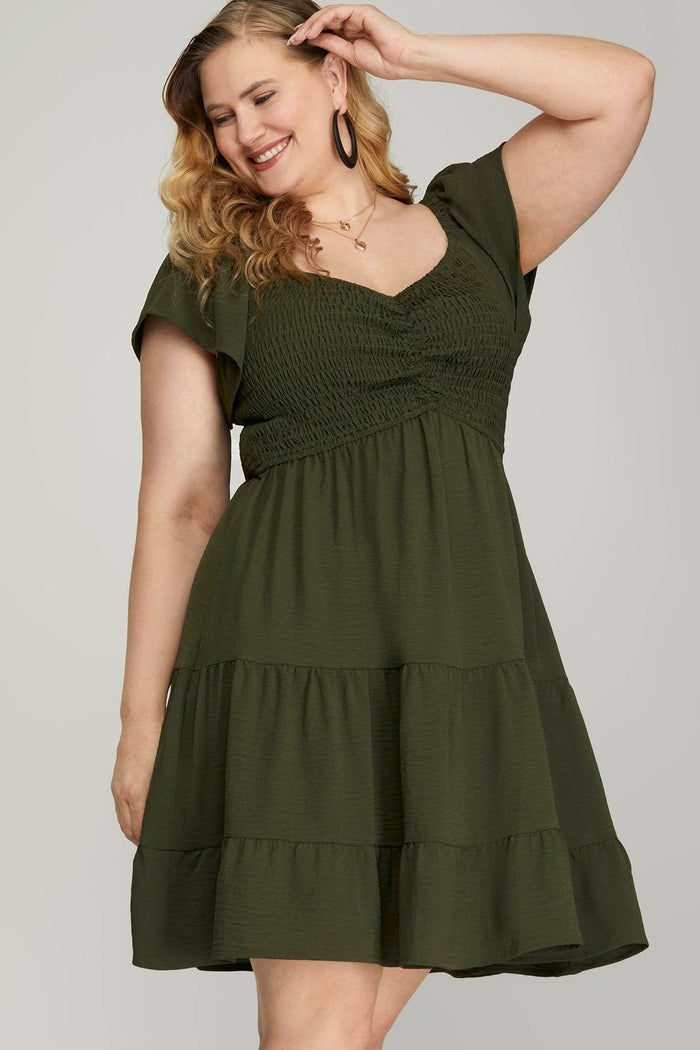 Olive Flutter Sleeve Smocked Tiered Sweetheart Woven Dress w/ Side Pockets