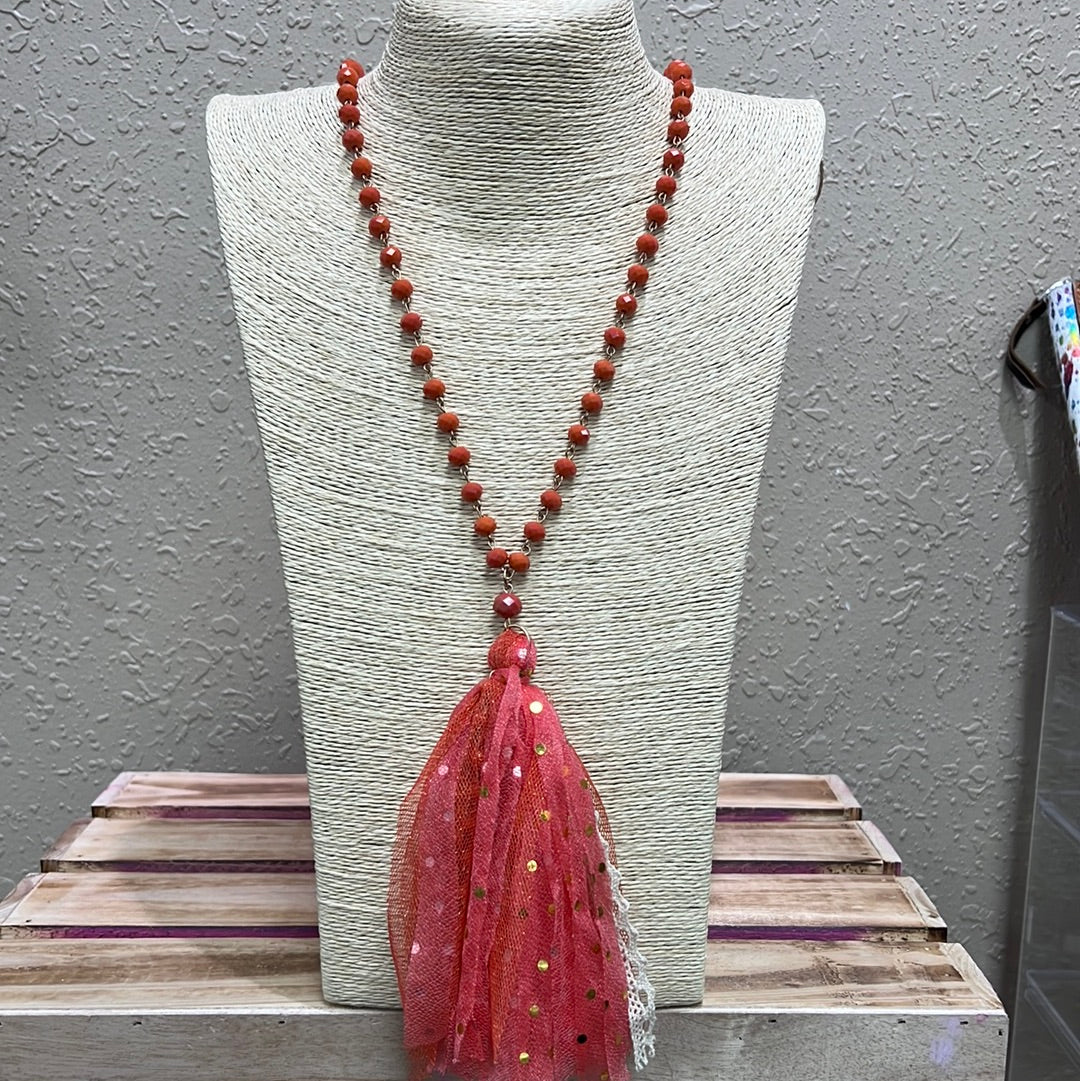 627- Coral Tassel Necklace