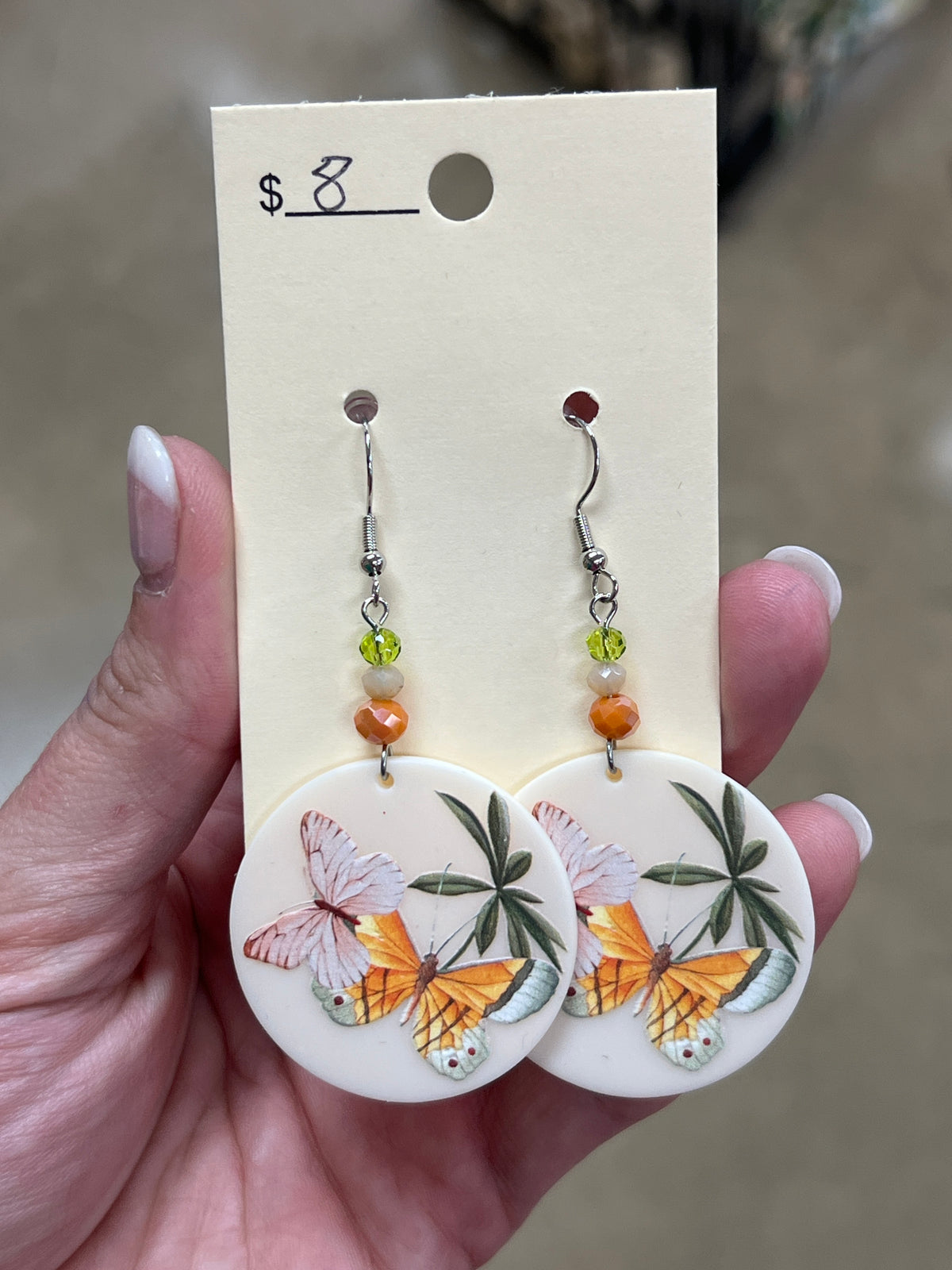 2796- Orange & Green Butterfly Circle Earrings