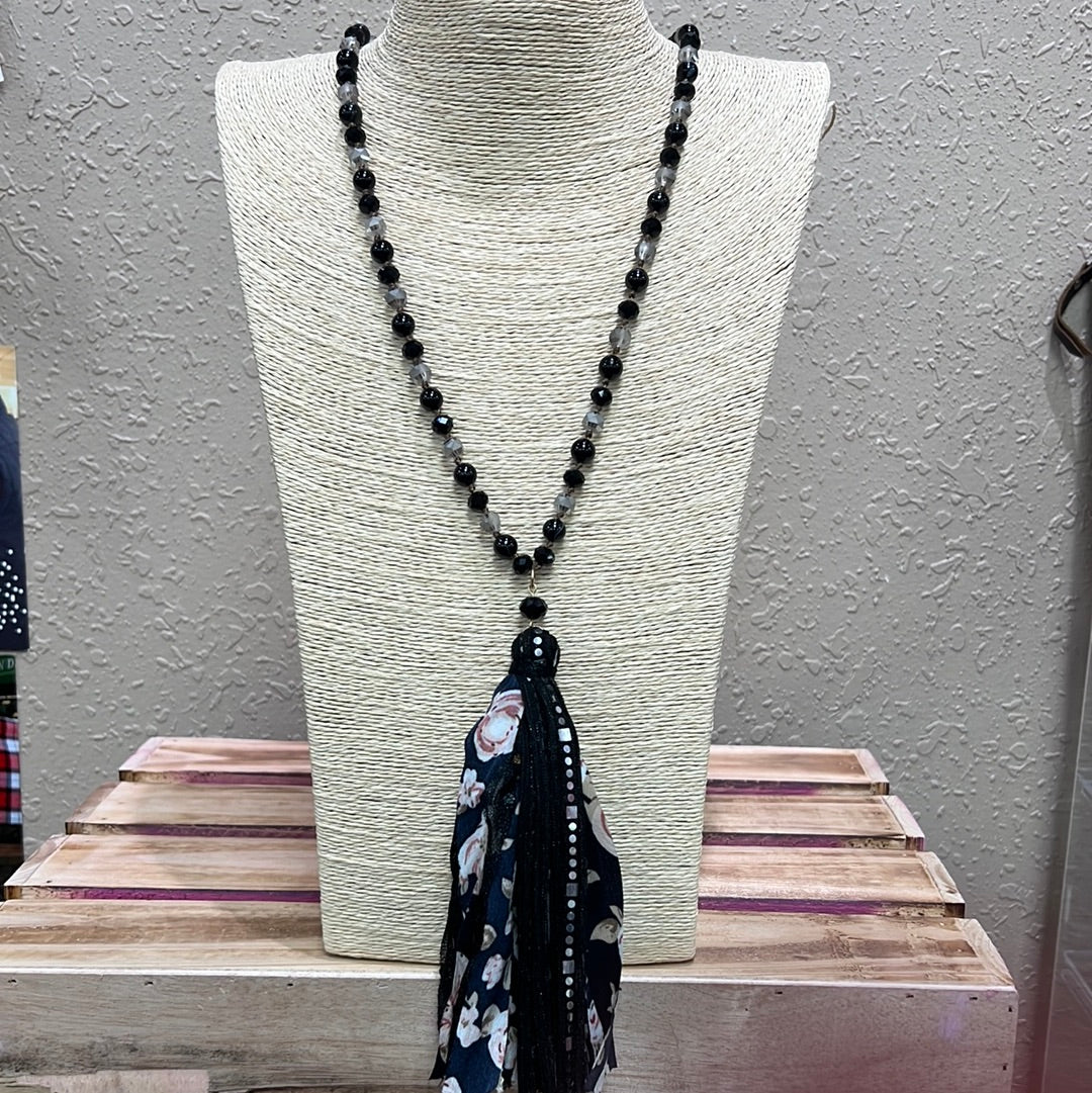 606- Black w/ Floral Tassel Necklace