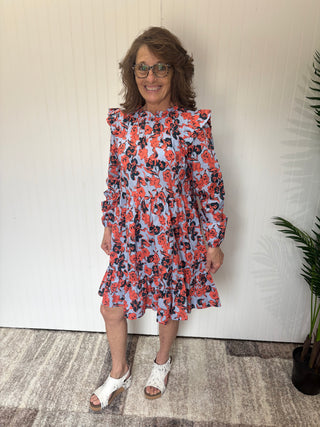 Dusty Blue & Orange Floral Print Long Sleeve Dress by Oddi