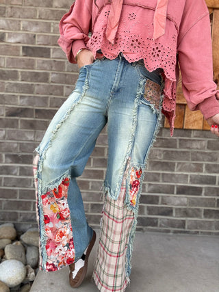 Denim Floral and Plaid Patch Wide Leg Pants - Denim *PREORDER* Oli & Hali | Dallas