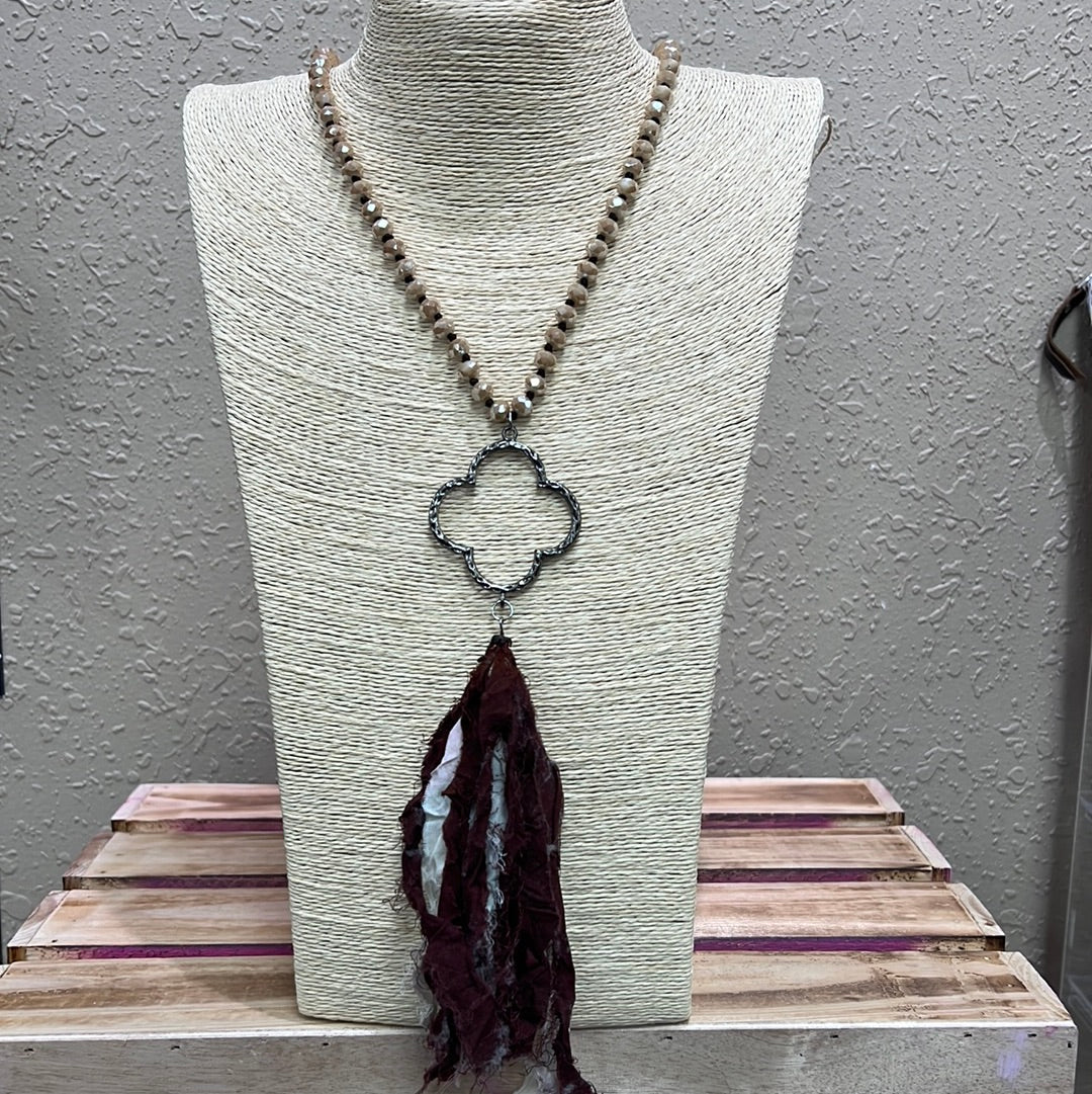 611- Mauve & Maroon Tassel Necklace w/ Taupe Beads