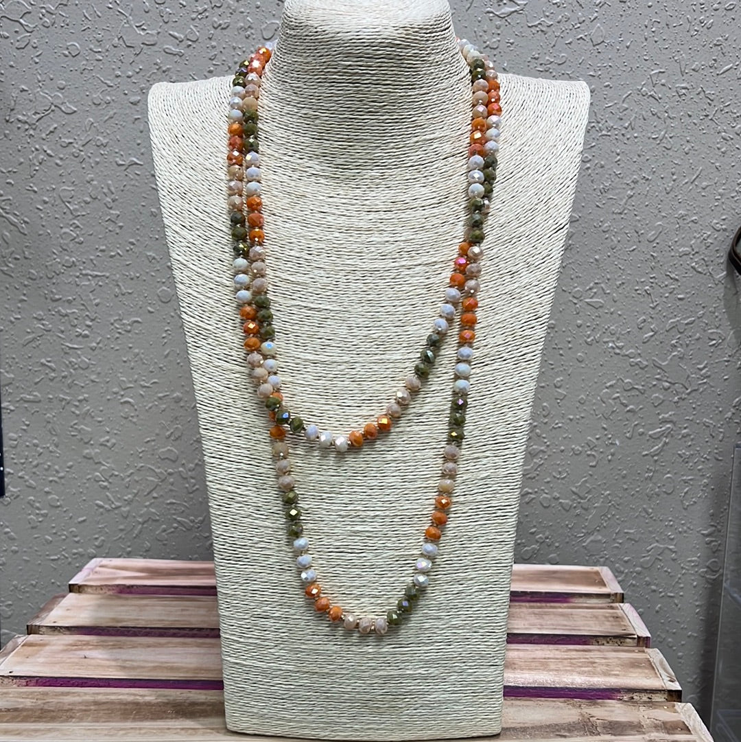 526- Orange, Green, & Cream Beaded Long Necklace