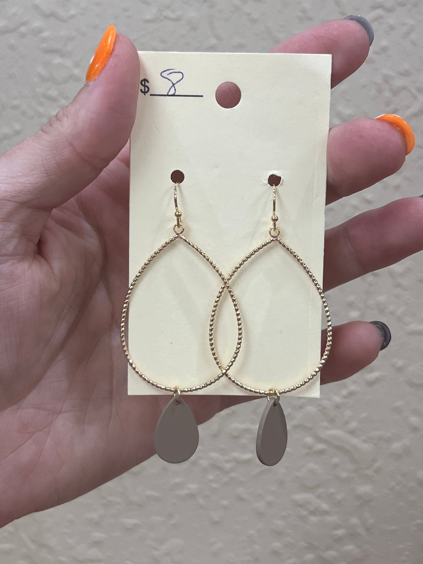 2974- Gold Hoop w/ Brown Pendant Earrings