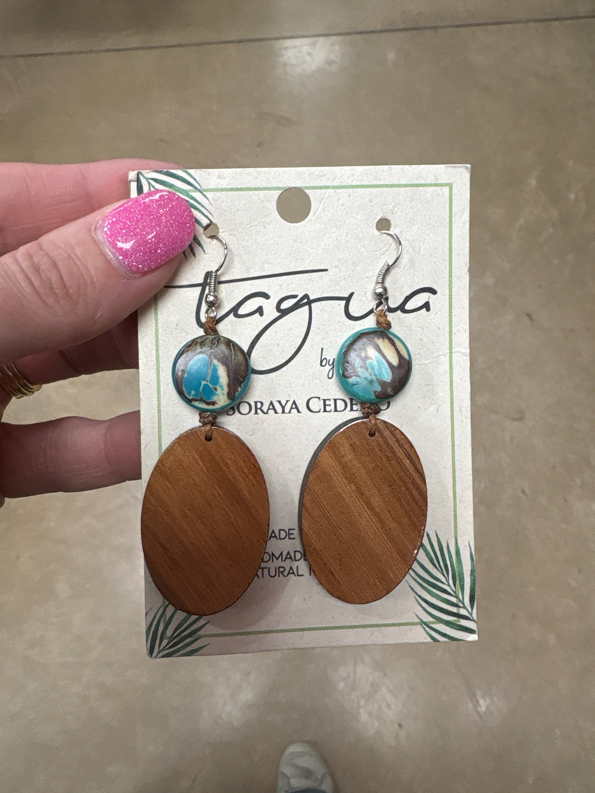 8420- Turquoise Wooden Tauga Nut Earrings