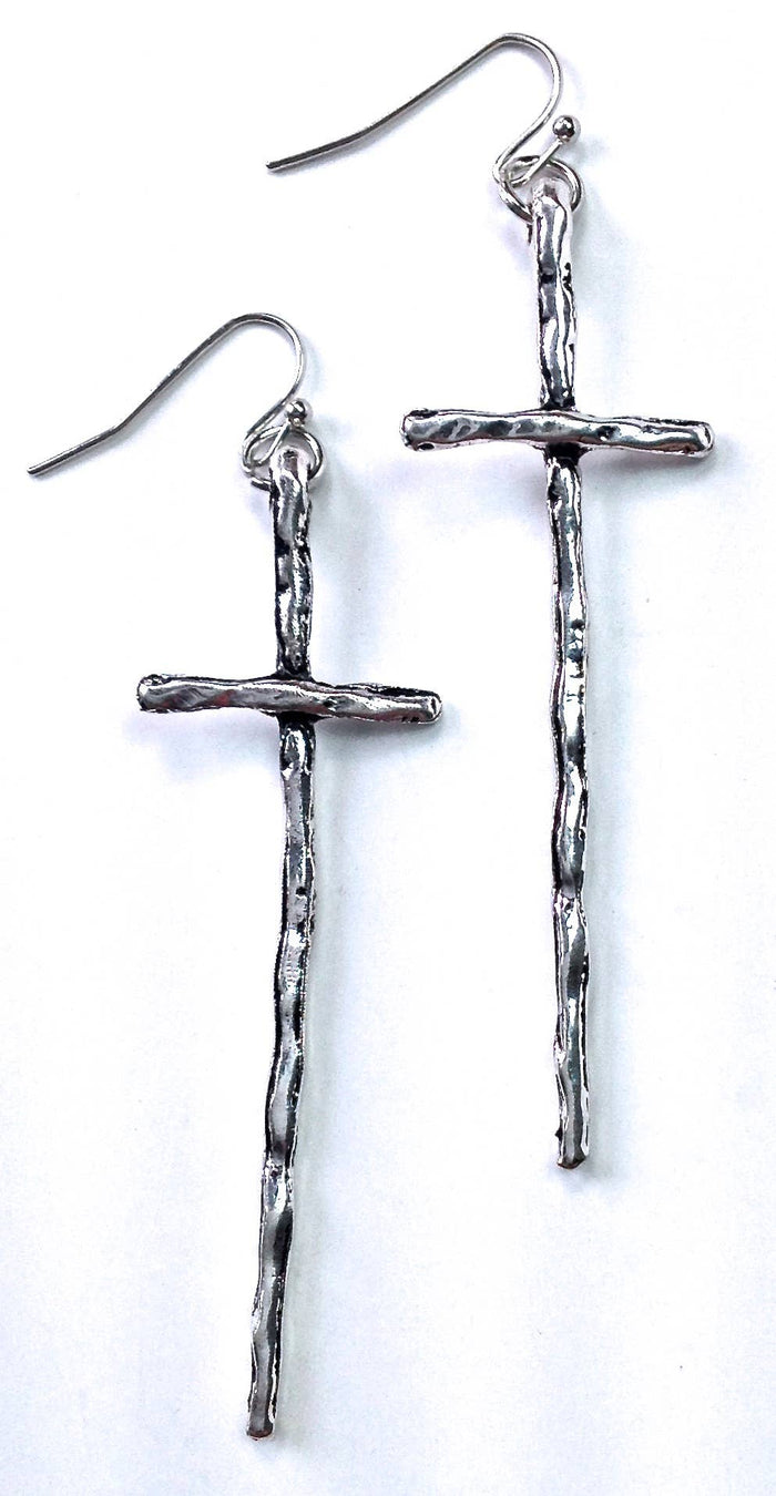 Thin Hammered Dangle Earrings in Antique Silver