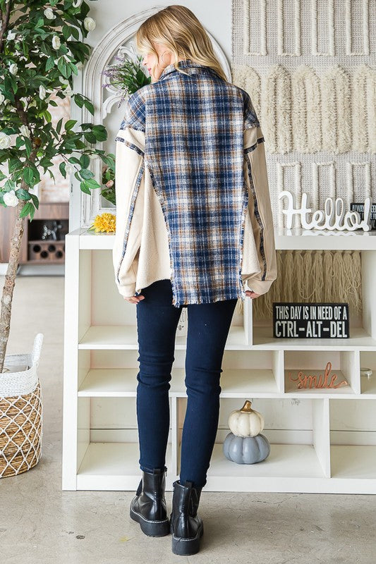 10026- Cream & Navy Plaid & French Terry Mix Flannel Top