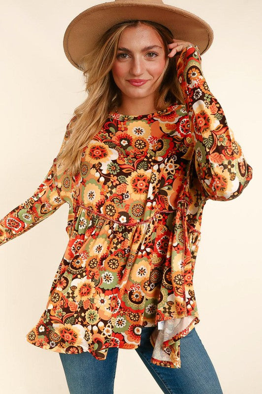 10203- Rust, Olive, & Mustard Mix Babydoll Floral Print Long Sleeve Top