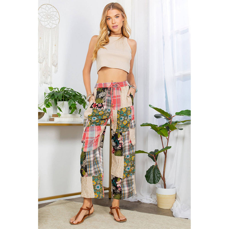 Bohemian Patchwork Straight Pant Plaid & Schiffli Embroidery: Latte by Young Threads