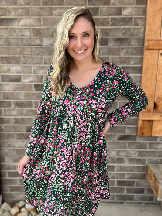 3327- Hunter Green w/ Pink Floral Long Sleeve Babydoll Dress