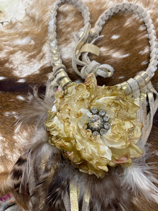 Soft Leather Fringe Flower Necklace: Denim blue