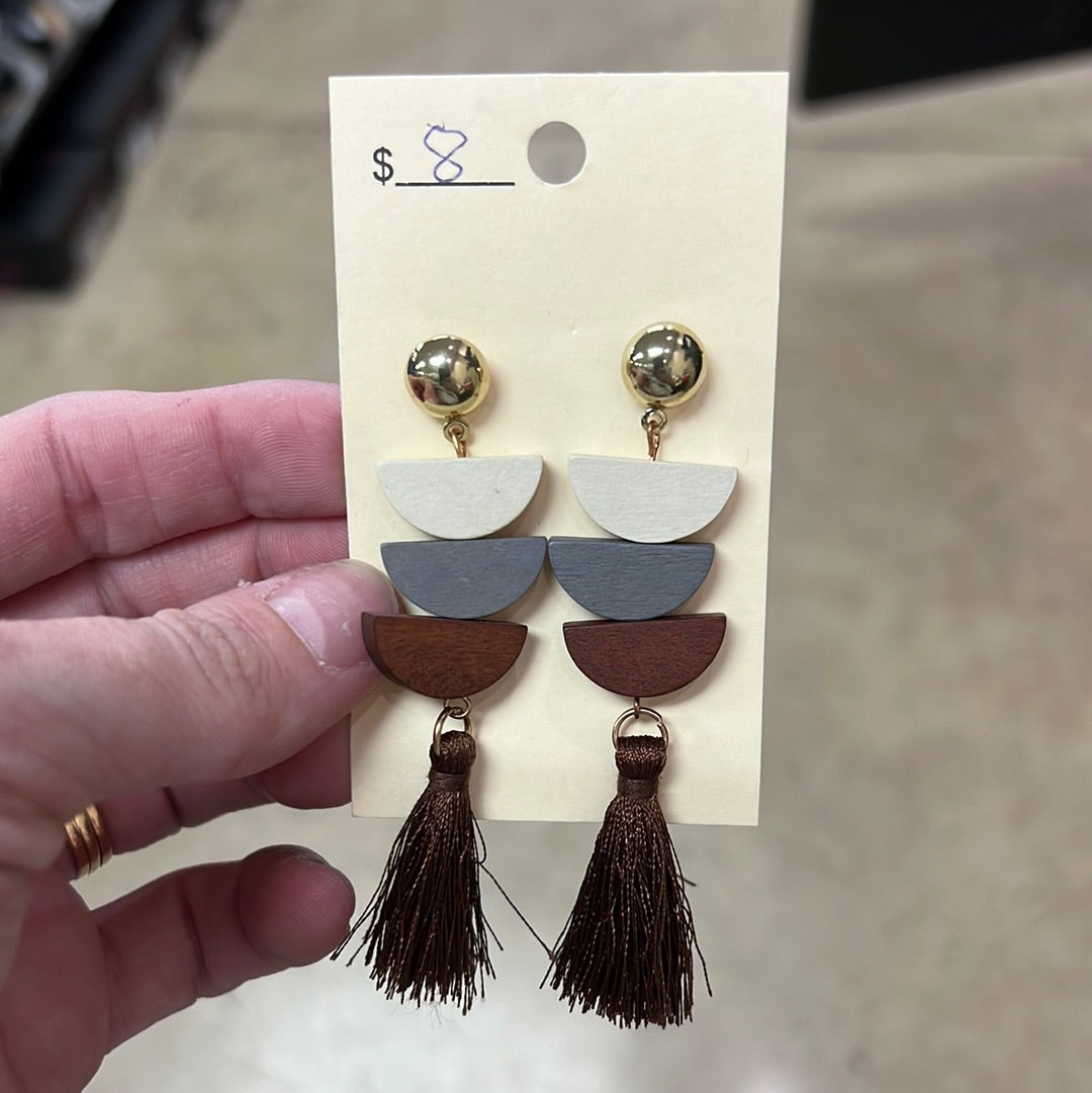 922- Neutral Wooden Earrings w/ Fringe