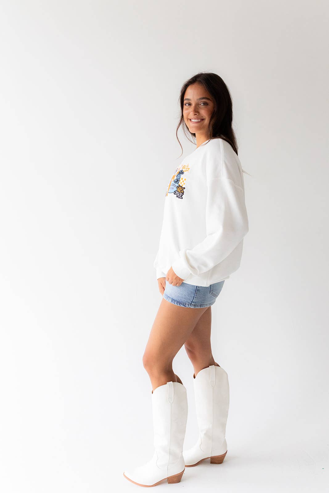 White Tennessee Layer Patch Lantern Sleeve Crew *TN COLLECTION*