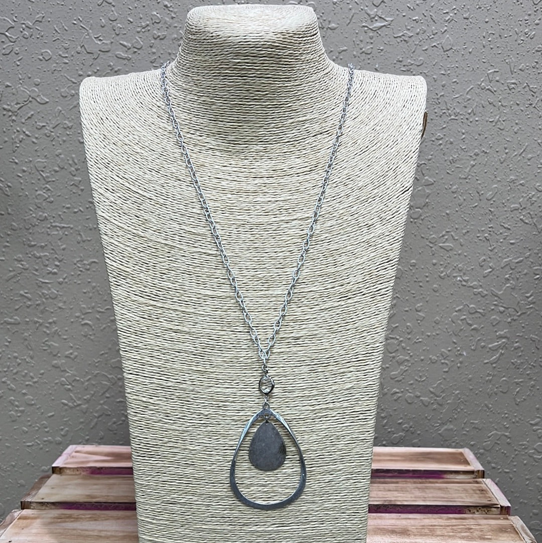 737- Silver Teardrop Necklace w/ Dangle Pendant