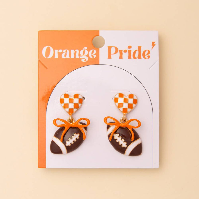 Game Day Football and Heart Post Dangle Earrings with Bow: Orange White *TN COLLECTION*