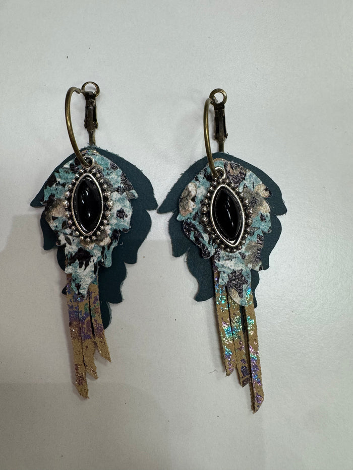 Teal, Taupe, Teal Mixture print Charm Layered Earrings