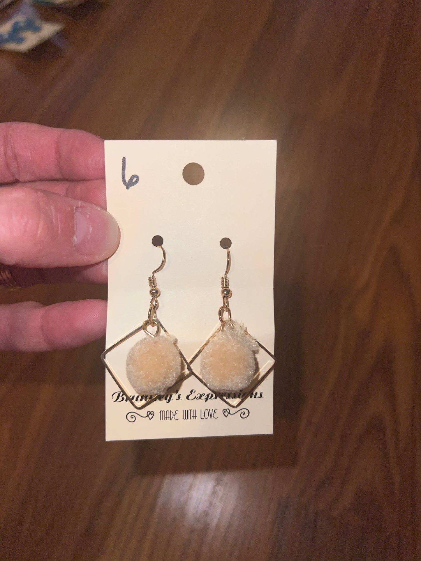 2126- Gold Earrings w/ Beige Pom Pom