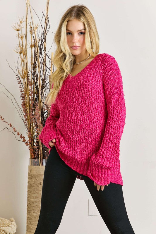 20511- Hot Pink Textured V-Neck Sweater