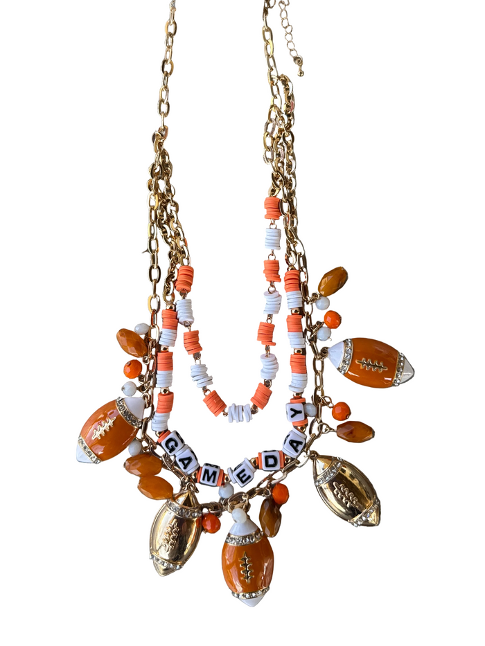 Orange White Football Layered Charm Necklace GameDay