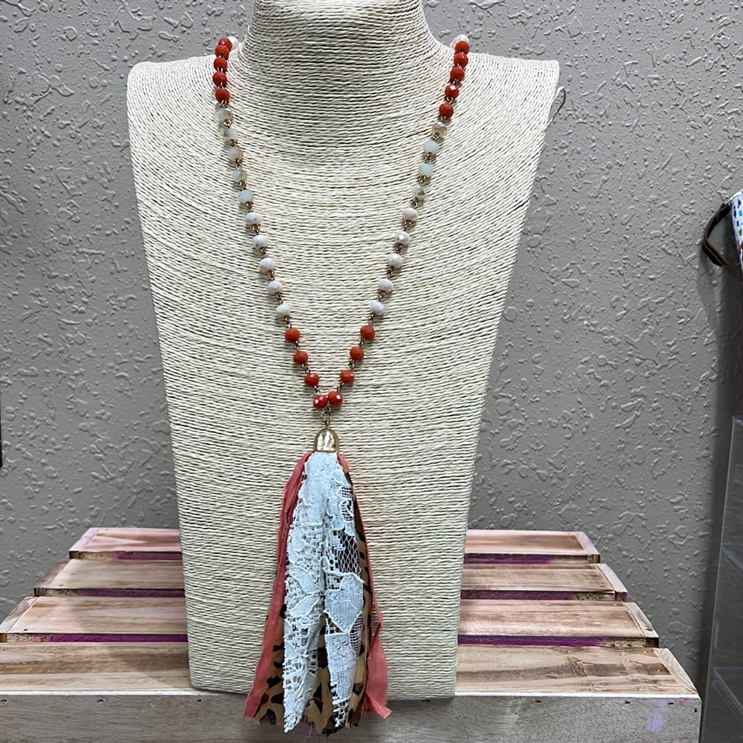 618- Coral Leopard Tassel Necklace