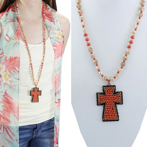 2706- Coral Beaded Cross Necklace