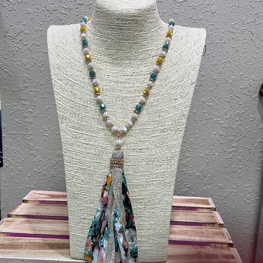 621- Pink & Teal Floral Print Tassel Necklace