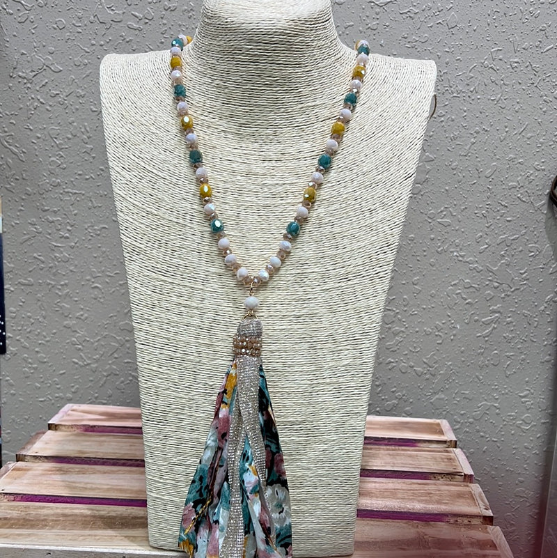 621- Pink & Teal Floral Print Tassel Necklace