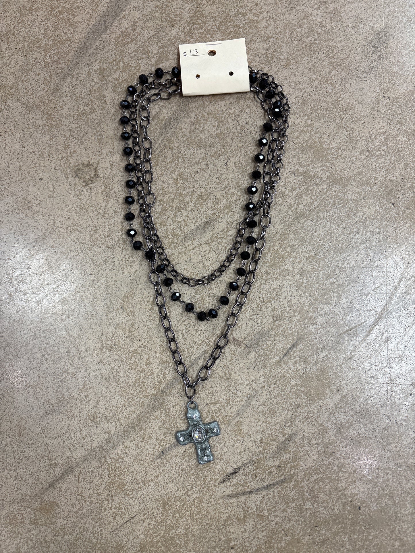 Black Beaded Multi Layer Necklace w/ Cross Pendant