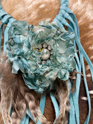 Soft Leather Fringe Flower Necklace: Denim blue