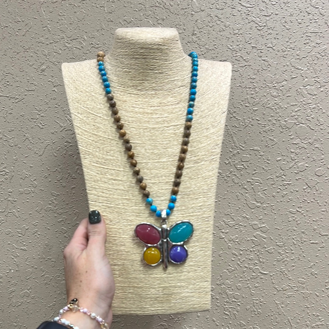 20479- Colorful Butterfly Turquoise Beaded Necklace