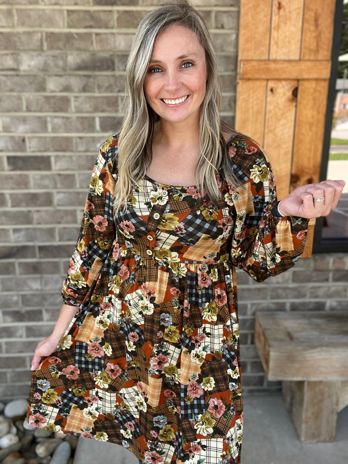 10200- Rust Floral Patchwork Butter Soft Dress w/ Pockets