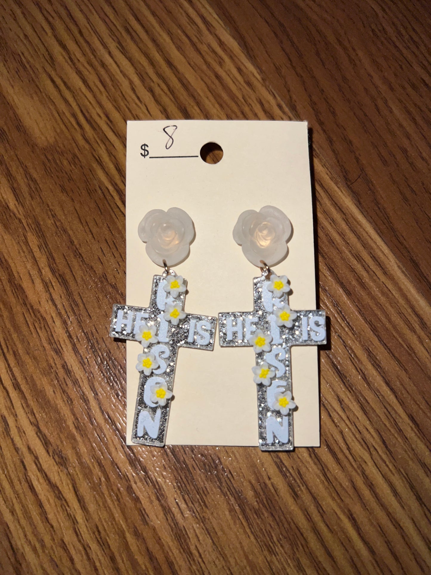 3084- Silver He Is Risen Acrylic Cross Earrings