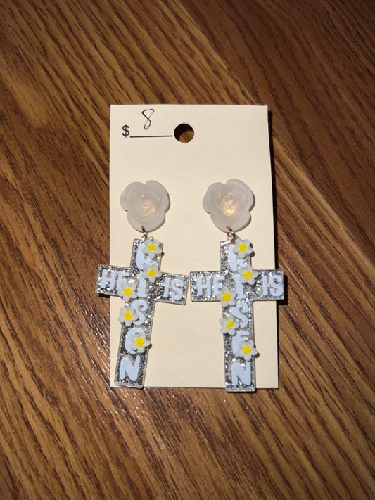 3084- Silver He Is Risen Acrylic Cross Earrings