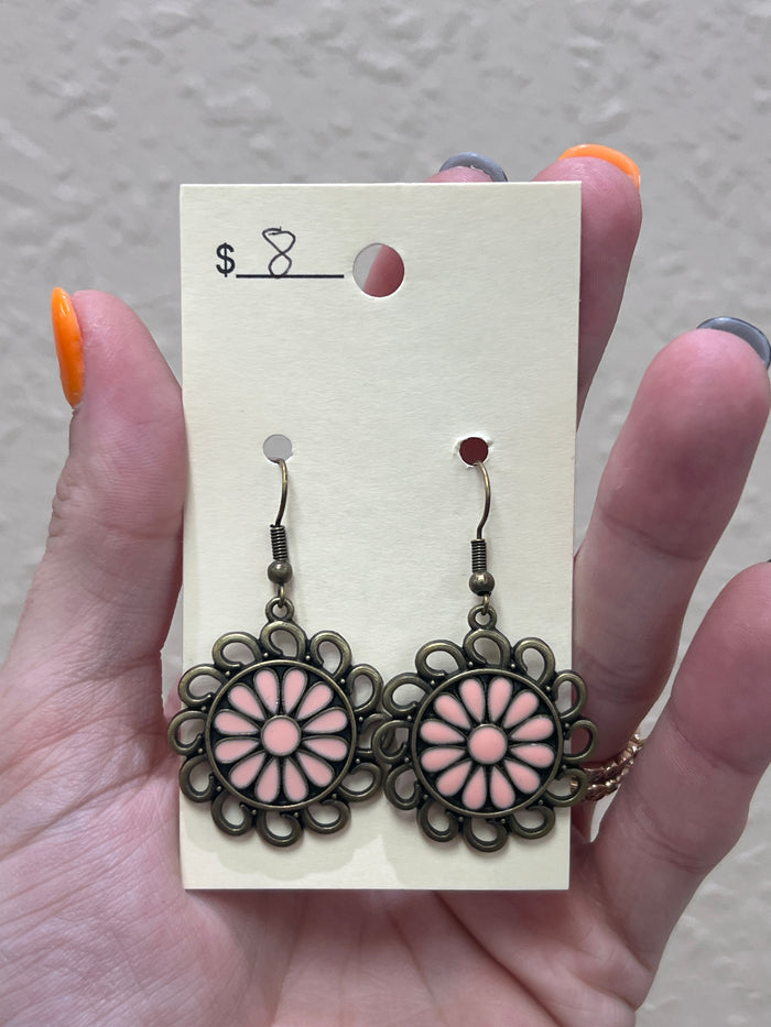 2856- Pink Floral Brass Earrings