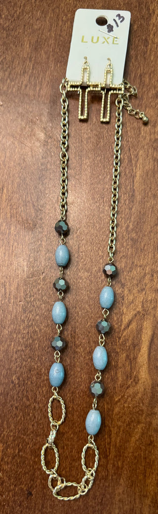 Gold Link Chain with Blue and Black Beads-Cross Earrings