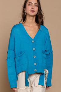 9259- Sapphire Blue Button Down Sweater w/ Cut Outs