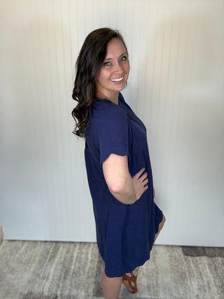 Navy Scalloped Hem Linen Dress by Umgee