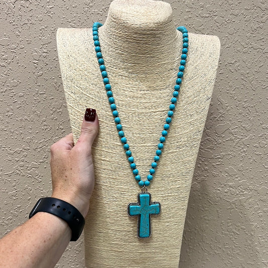 10259- Turquoise Beaded w/ Cross Pendant Necklace