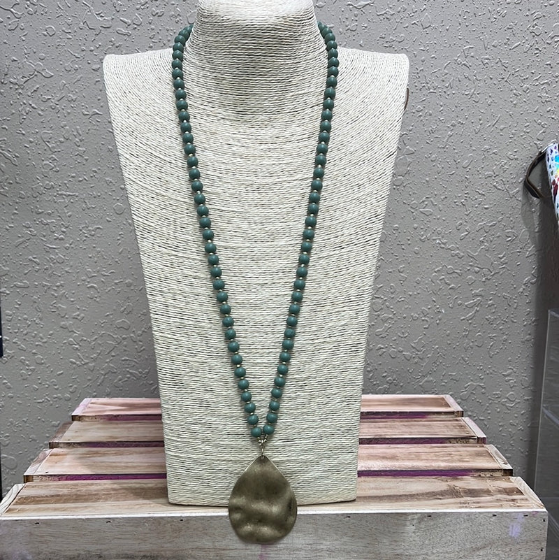 748- Sage Wood Bead Necklace w/ Pendant