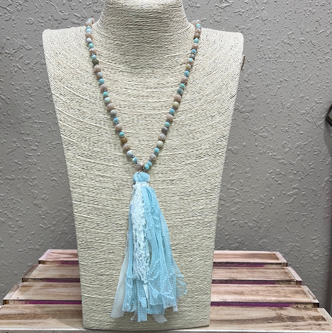 767- Light Blue & Lace Tassel Necklace