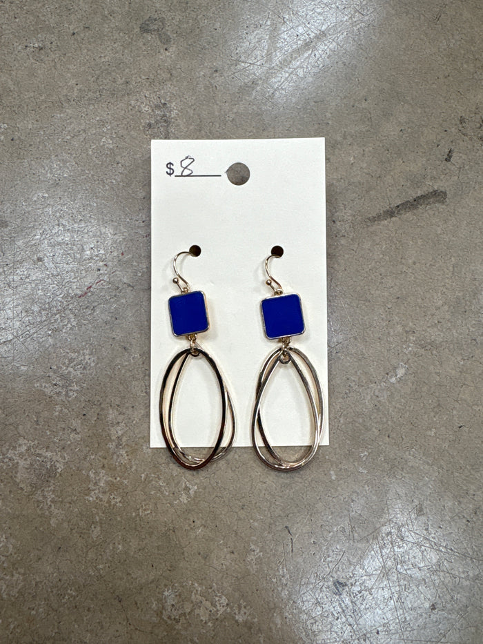Blue Square w/ Gold Pendant Charm Earrings
