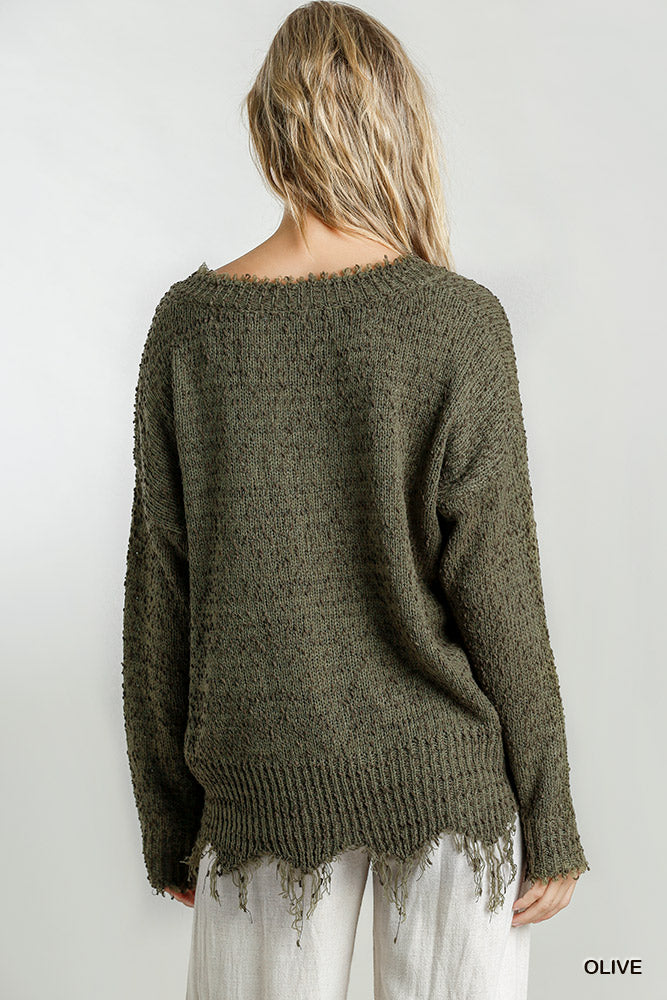 20448- Olive V-Neck Distressed Sweater w/ Frey Hem [UMGEE]